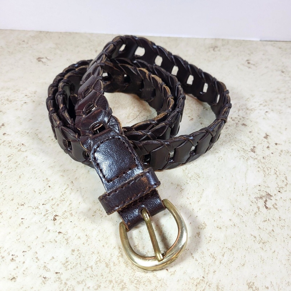 Unbranded Dark Brown Genuine Leather Link Belt Round Brass Buckle Made India M/L